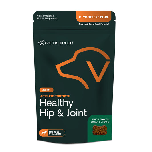 VetriScience Ultimate Strength Healthy Hip & Joint Chews, GlycoFlex Glucosamine, Chondroitin & Green-Lipped Mussel Joint Support Supplement for Dogs, Soothe Joint Discomfort, Duck, 60 Count