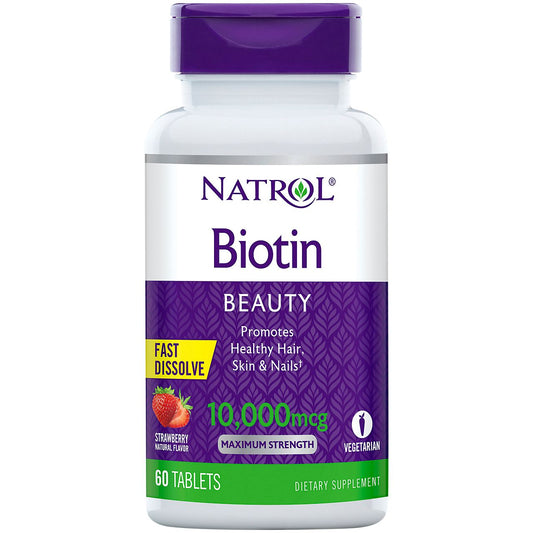 Biotin Fast Dissolve Tablets - Promotes Healthy Hair, Skin & Nails - Strawberry - 10,000 MCG Per Serving (60 Tablets)