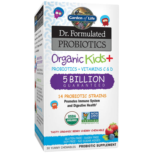 Dr. Formulated Probiotics Organic Kids+ – 5 Billion CFUs – Berry Cherry (30 Chewables)