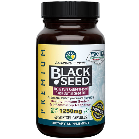 Premium Black Seed Oil - 100% Pure Cold-Pressed - 1,250 MG (60 Softgels)