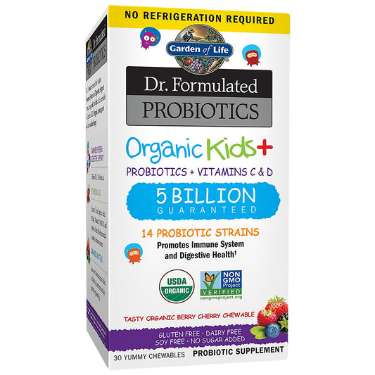 Dr. Formulated Probiotics Organic Kids+ – 5 Billion CFUs – Shelf-Stable – Berry Cherry (30 Chewables)