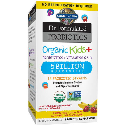 Dr. Formulated Probiotics Organic Kids+ – 5 Billion CFUs – Shelf-Stable – Strawberry Banana (30 Chewables)