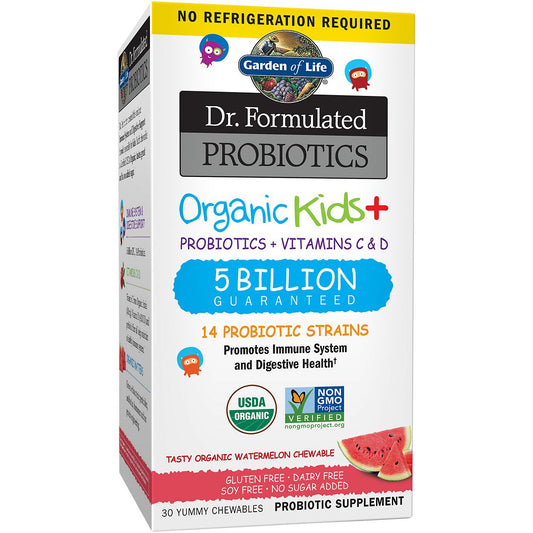 Dr. Formulated Probiotics Organic Kids+ – 5 Billion CFUs – Shelf-Stable – Watermelon (30 Chewables)
