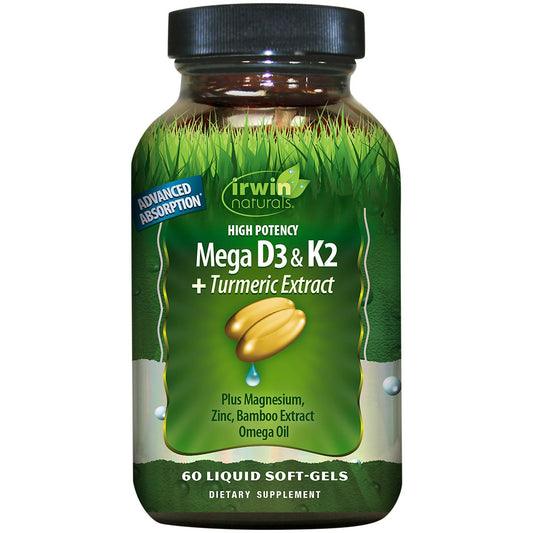 High Potency Mega Vitamin D3 & K2 Complex Plus Turmeric Extract with Advanced Absorption (60 Liquid Softgels)