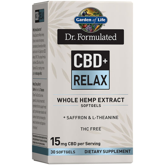 Dr. Formulated CBD+ Relax Whole Hemp Extract with Saffron & L-Theanine - 15 MG Per Serving (30 Softgels)