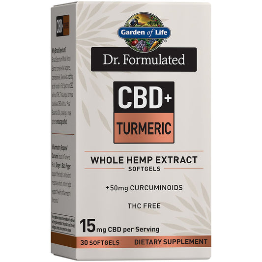 Dr. Formulated CBD+ Turmeric Whole Hemp Extract with Curcuminoids - 15 MG Per Serving - THC Free (30 Softgels)