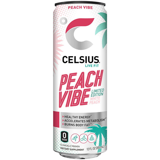 Celsius Sparkling Energy Drink - No Sugar or Preservatives - Peach Vibe (4 Drinks, 12 Fl Oz. Each)