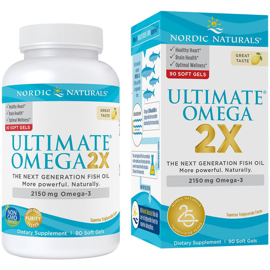 Ultimate Omega 2X for Healthy Heart & Brain Health - 2,150 MG Omega-3 Fish Oil - Lemon (90 Softgels)