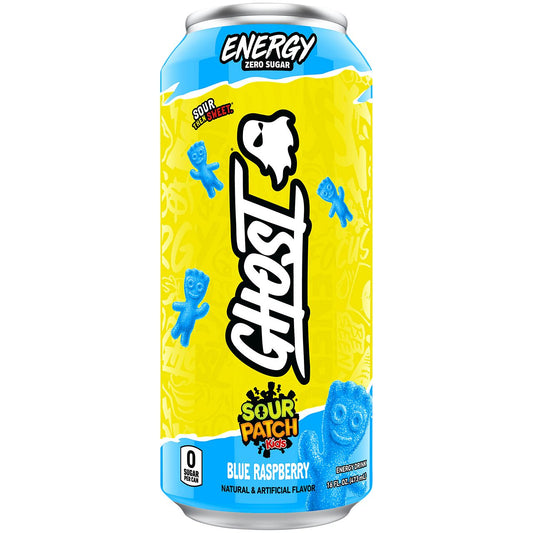 GHOST Energy Drink- Zero Sugar - SOUR PATCH KIDS BLUE RASPBERRY (12 Drinks, 16 Fl Oz. Each)