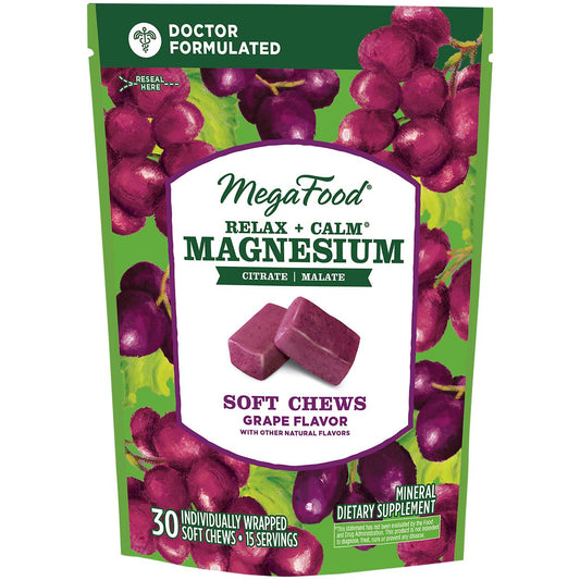 Relax + Calm Magnesium Soft Chews - Contains Magnesium Citrate & Malate - Grape (30 Soft Chews)