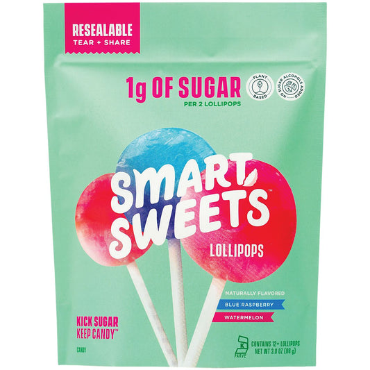 Smart Sweets Lollipops Plant-Based - Blue Raspberry & Watermelon (12 Lollipops)