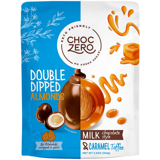 Keto Friendly Double Dipped Almonds - Milk Chocolate Style & Caramel Toffee (3.5 Oz.)