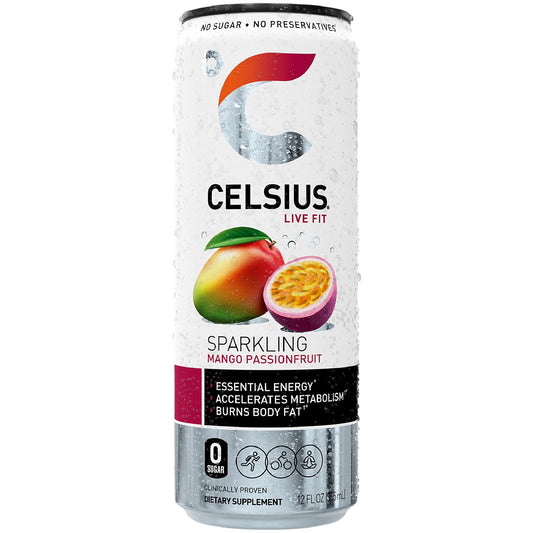 Celsius Sparkling Energy Drink - No Sugar or Preservatives - Mango Passionfruit (12 Drinks, 12 Fl Oz. Each)