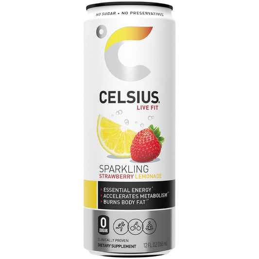 Celsius Sparkling Energy Drink - No Sugar or Preservatives - Strawberry Lemonade (12 Drinks, 12 Fl Oz. Each)