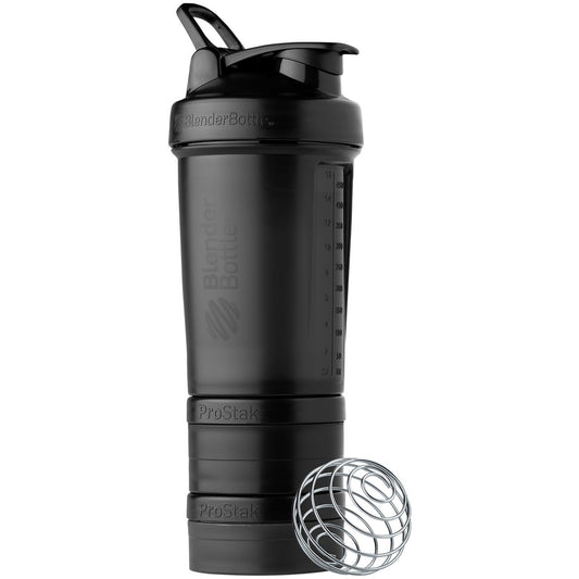 ProStak Shaker Bottle with Wire Whisk BlenderBall and Interlocking Storage Containers - Black (22 fl oz.)