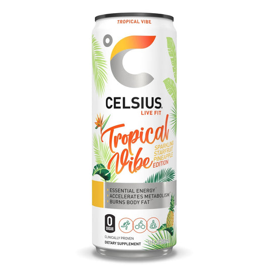 Celsius Sparkling Energy Drink - No Sugar or Preservatives - Tropical Vibe (4 Drinks, 12 Fl Oz. Each)
