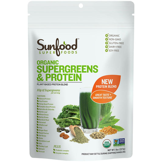Raw Organic Super Greens & Protein with Vanilla Rice Protein, Enzymes & Probiotics (6 Servings)